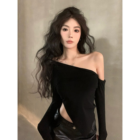 Dopamine tops Free shipping Tattoo Black Pure Lust Sexy Slim Skinny Top Women's Autumn Sweet and Cool Spice Girl Slant Neck Off-Shoulder Irregular Long Sleeve T-Shirt