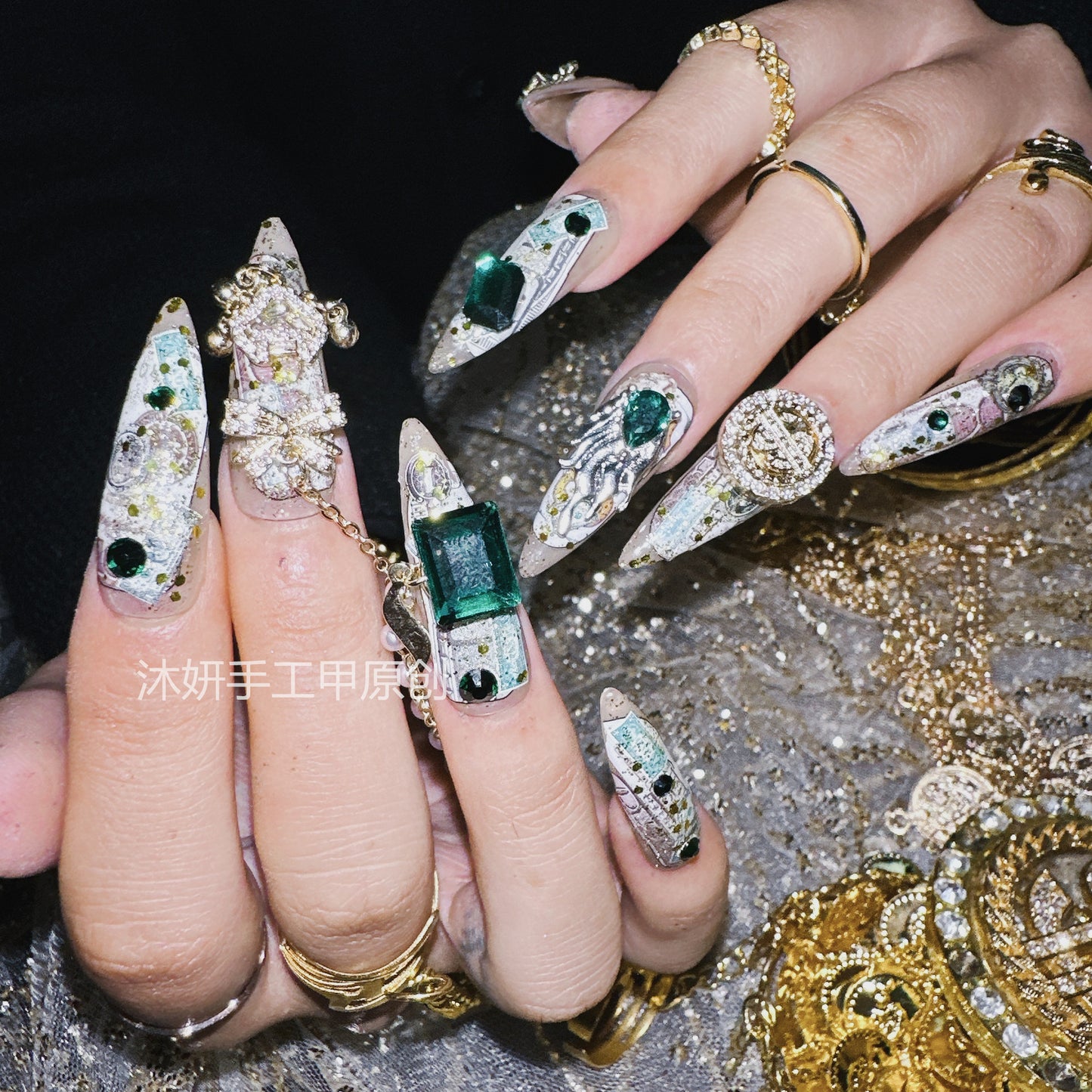 (Hand-Made Nail) Yan Yan Handmade Nail Real Shot US Dollar New Year Popular Original Lucky Paper Drunk Gold Fan Luxury Hot Girl Personality Wear Nail