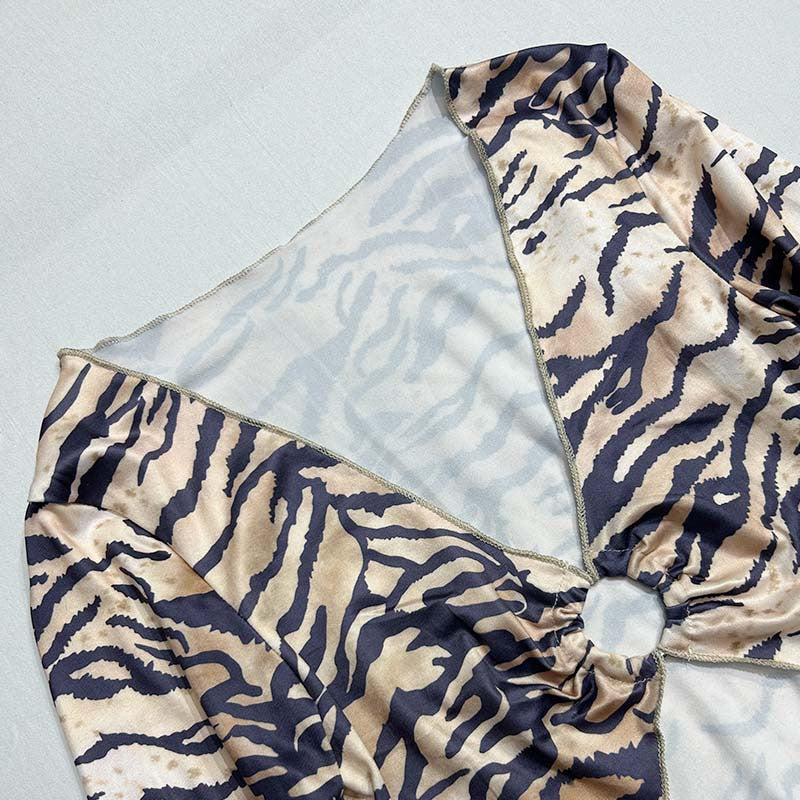 Fashion women's wear Cross Border Foreign Trade Women's Clothing 2024 Autumn New Tiger Pattern Ring Wooden Ear Navel-Exposed Dress Suit