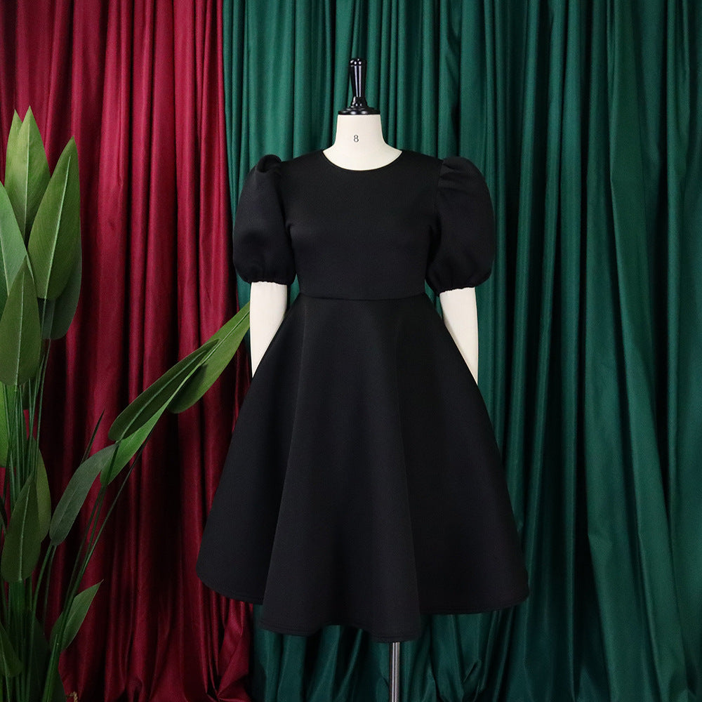 Fashion women's wear Cross-Border European and American Amazon Summer round Neck Graceful Puff Sleeve Waist-Controlled Large Hem Elegant A- line Foreign Trade Dress