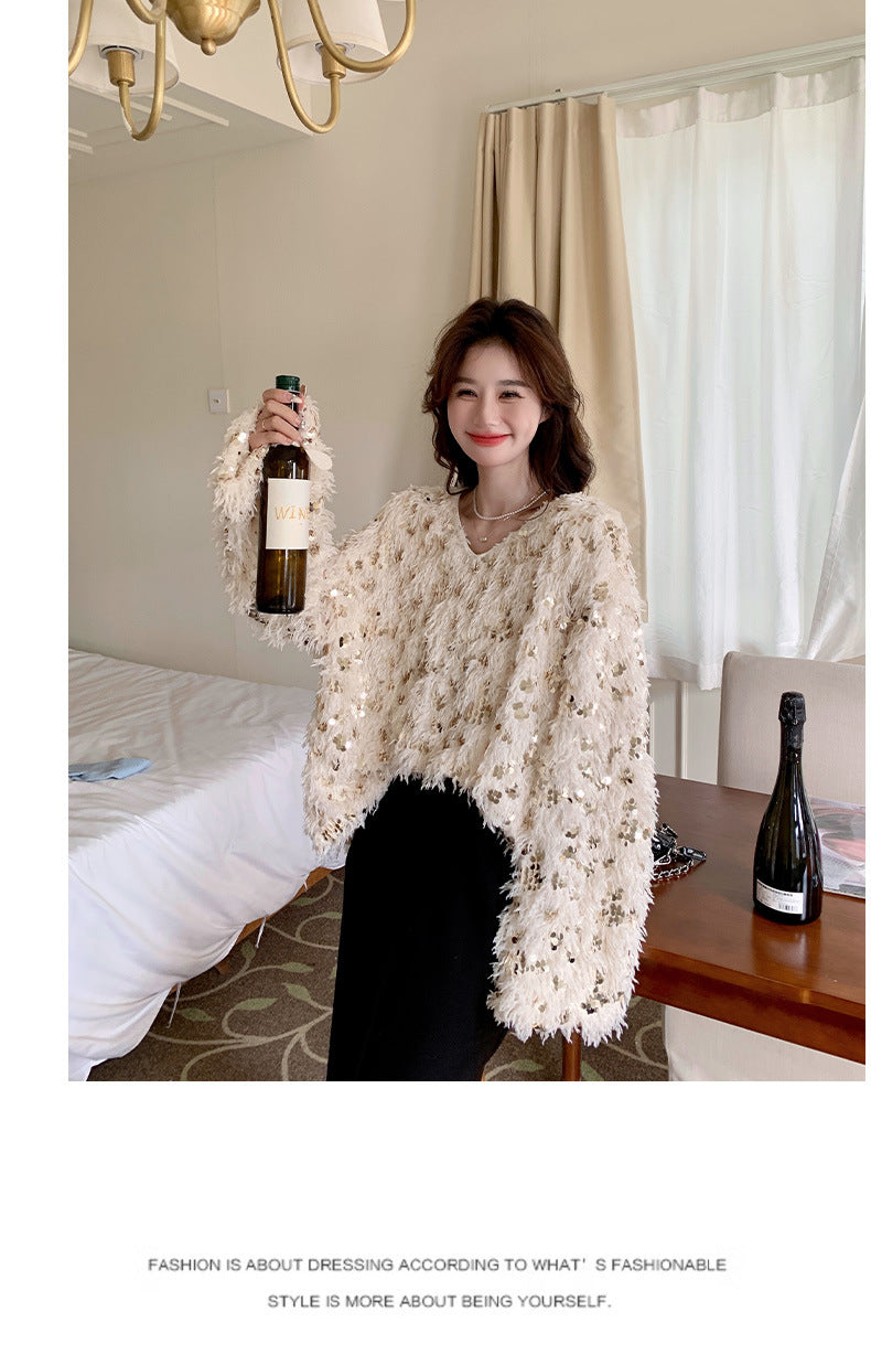 Fashion women's wear Real Shot Shiny Annual Meeting Festival Atmosphere Handmade Sequined Feather V-neck Sweater Spring Inner Wear Sweet Dress
