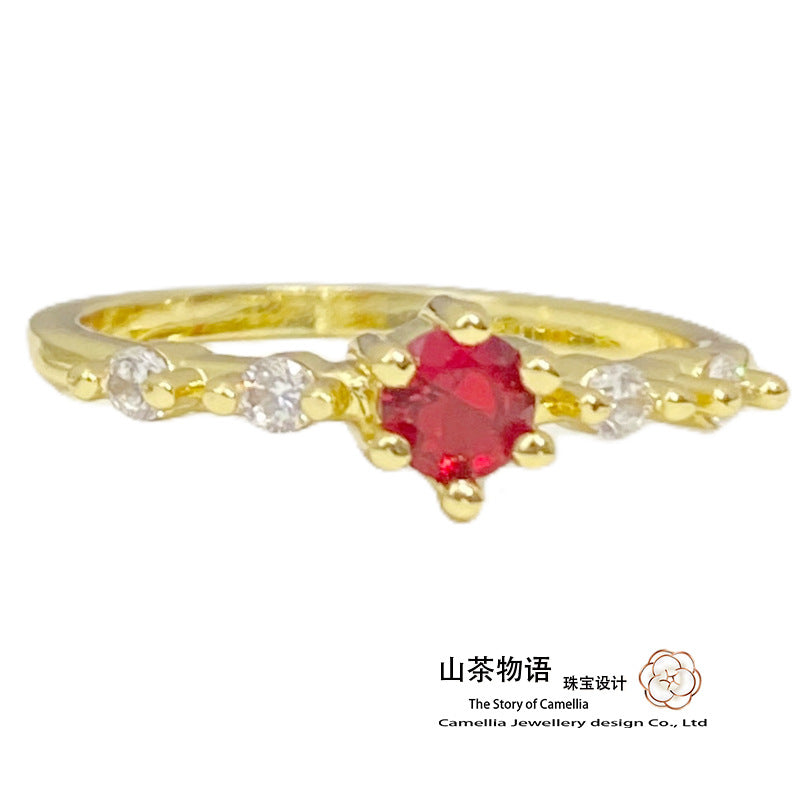 Camellia小富婆百搭新款镀金红宝石戒指 微镶精致红刚玉时尚尾戒