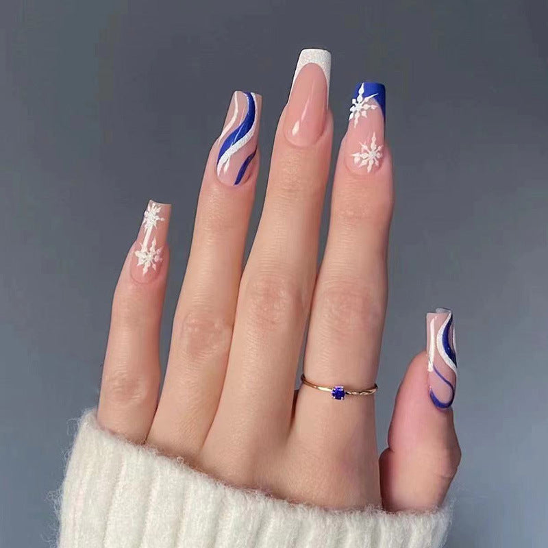宝蓝雪花穿戴甲裸色nails 法式跨境美甲片外贸假指甲长甲美甲贴片
