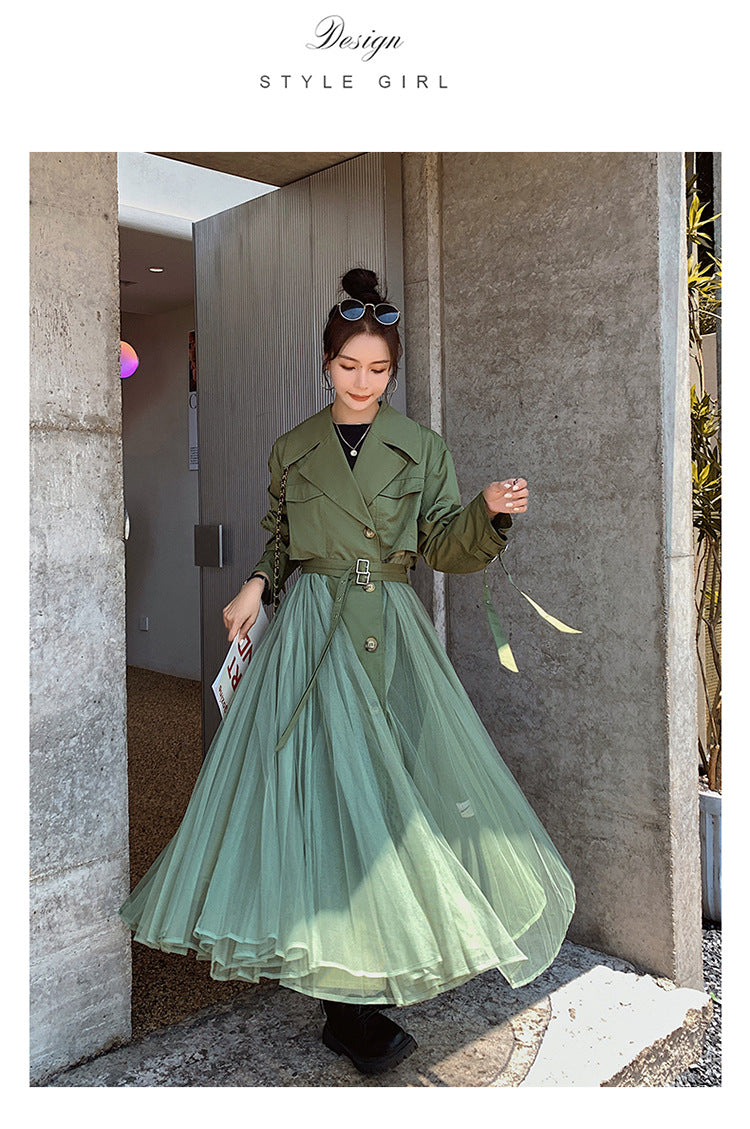 Fashion women's wear A Large Number of in Stock 2024   Purpleflower Holly Leaf Spring and Autumn Trench Coat Women's French Mesh Stitching Casual Temperament Coat