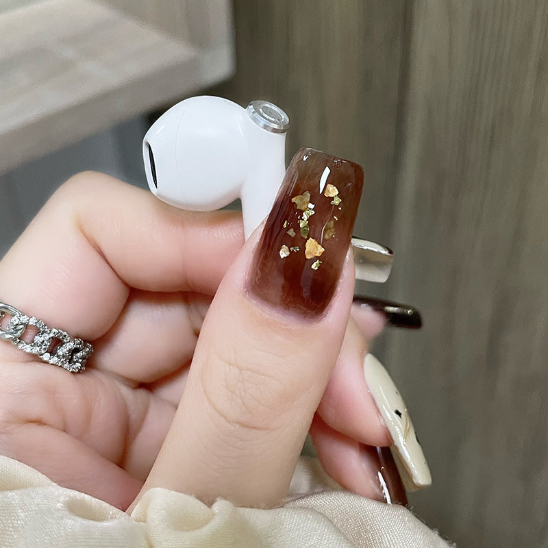 咖啡金箔穿戴甲秋冬指甲贴片菱格美甲片晕染假指甲美甲贴片成品甲