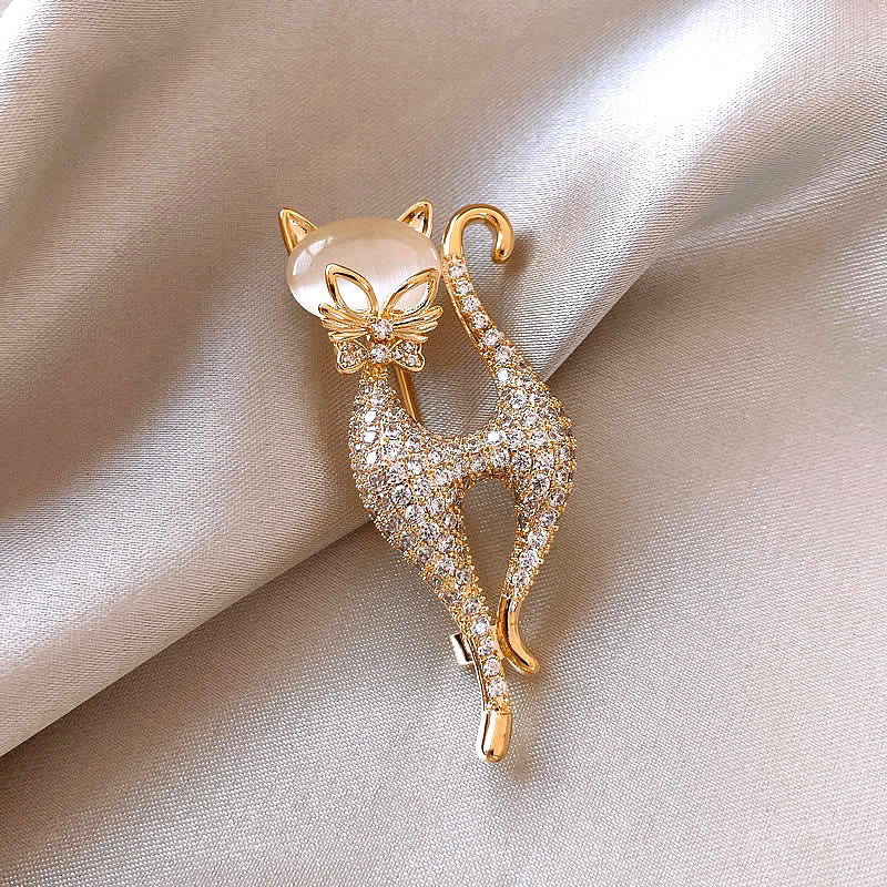 配饰胸针真金电镀锆石猫眼石猫形胸针时尚轻奢设计感胸花小众百搭饰品批发
