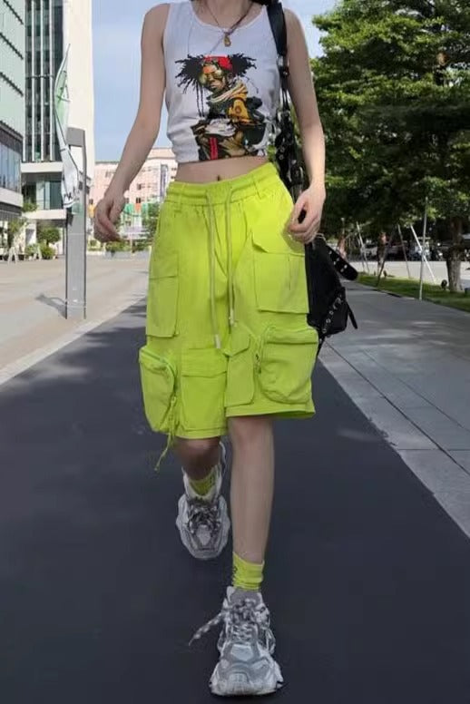 Dopamine pants Free shipping Tattoo Clearance tail goods~ Counter label cutting dopamine candy color tooling shorts women's summer high waist big pocket five-point pants