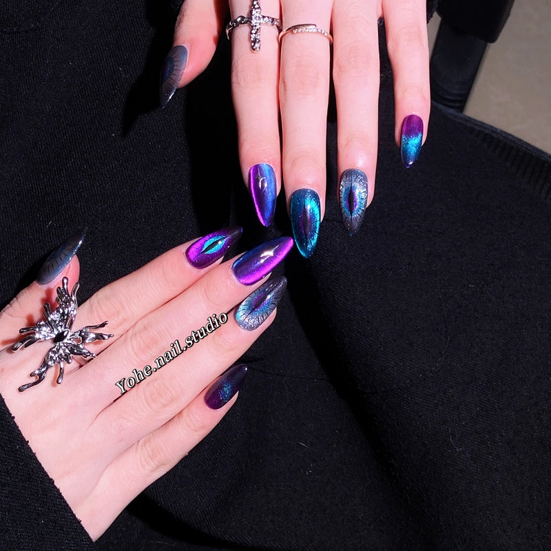 (Hand-made nail) Yoho Studio Phantom Eye Cat Eye Ins Wind Wearing Nail Art Custom Fake Nails Handmade Custom Short Nails