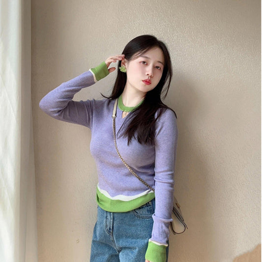 Dopamine tops Free shipping Tattoo Purple contrasting color dopamine wear temperament bottoming shirt knitted sweater women's autumn and winter inner wear foreign style age-reducing slim-fit top