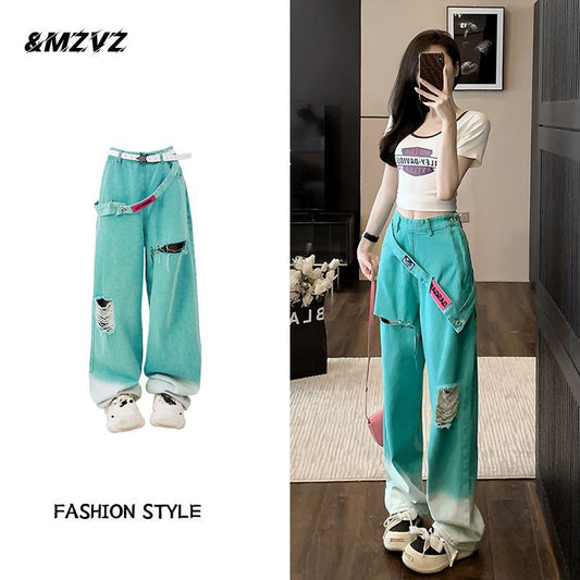 Free shipping  Gradually change color ripped dopamine wear jeans women small summer French straight high waist thin wide leg pants