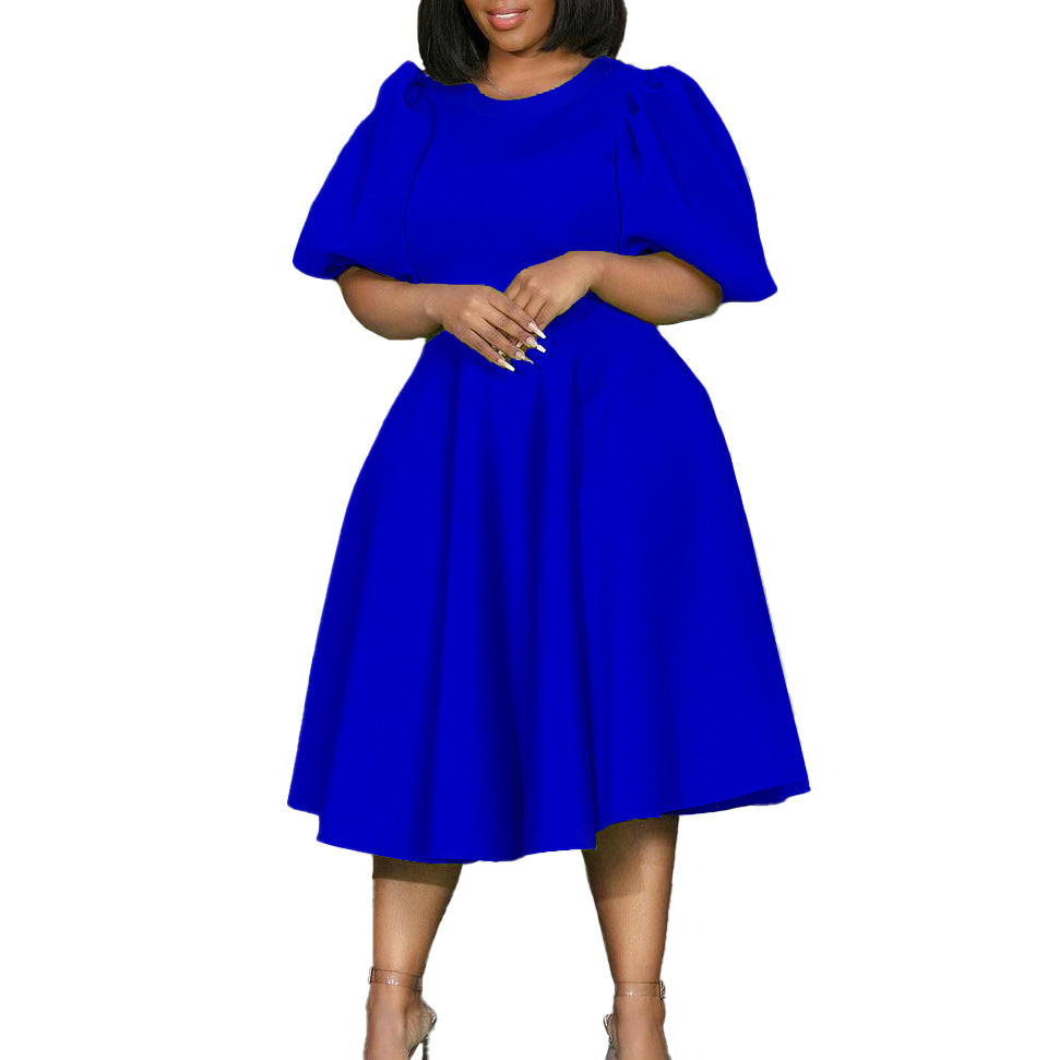 Fashion women's wear Cross-Border European and American Amazon Summer round Neck Graceful Puff Sleeve Waist-Controlled Large Hem Elegant A- line Foreign Trade Dress