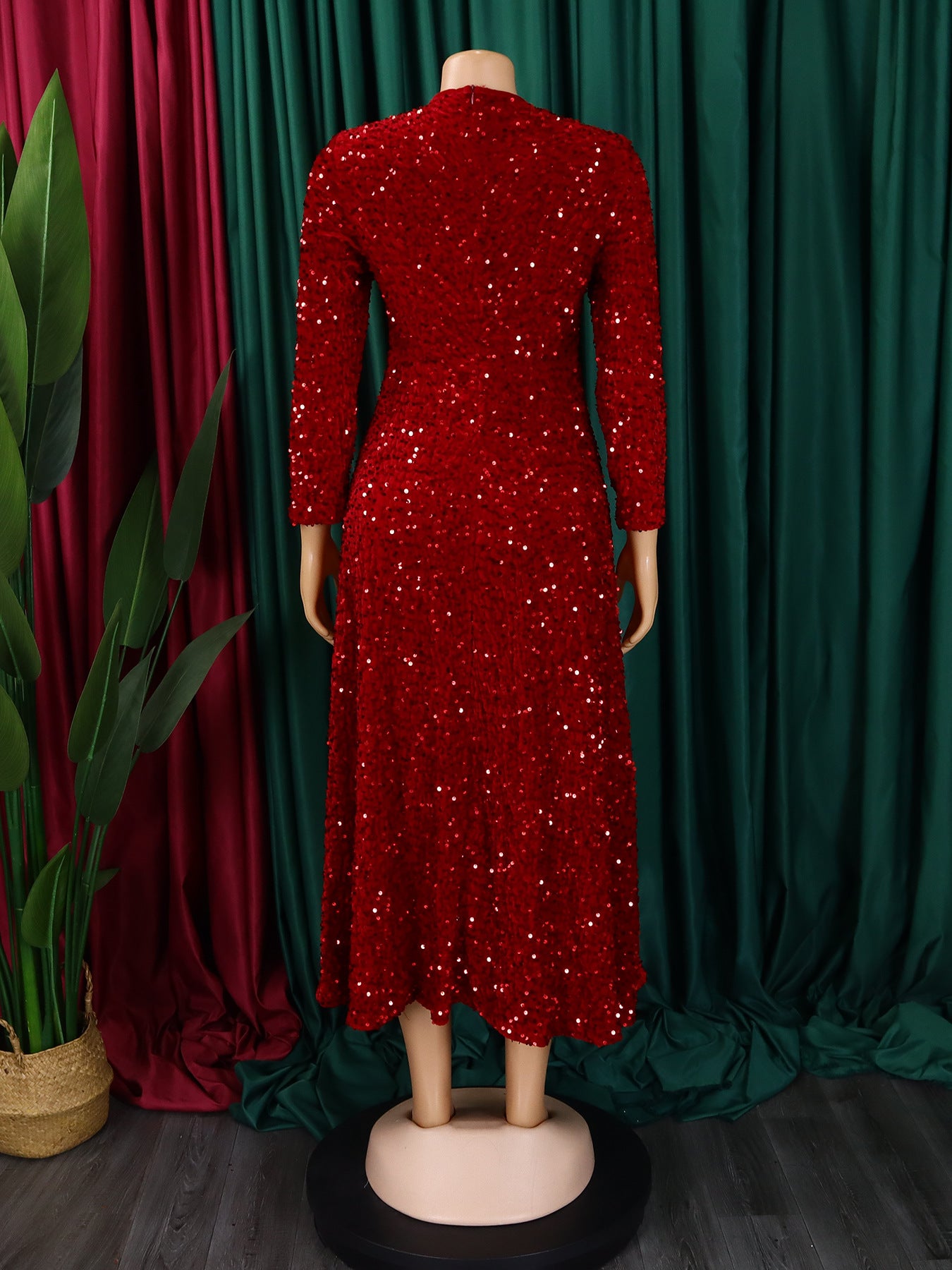 Fashion women's wear D469 Cross-Border New Arrival Women's round Neck Long Sleeve Pure Color Sequins High Waist Temperament Mid-Length Formal Dress European and American Style Dress