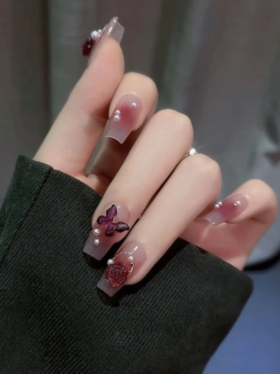 Fashion  nail Dark Rose Red Butterfly Wear Armor Nail Stickers Nail Sticker Nail Patch Finished Blush Nail Shaped Piece A5