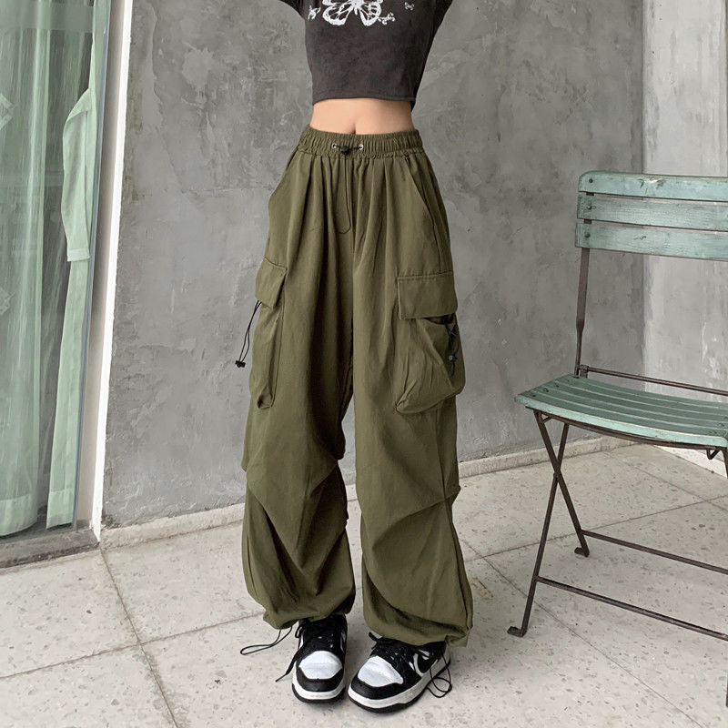 Fashion women's wear Overalls Women's 2024 Summer New American Parachute Pants High Waist Wide Leg Leisure Drawstring Sports Pants Fashion