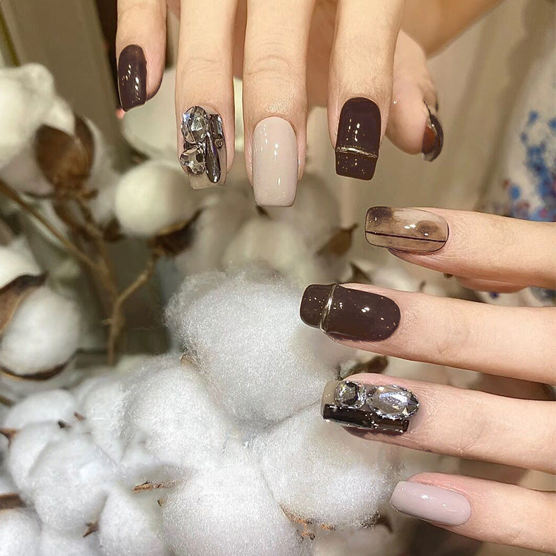 咖啡茶冻穿戴甲钻款指甲贴片气质美甲片成熟假指甲美甲贴片成品甲