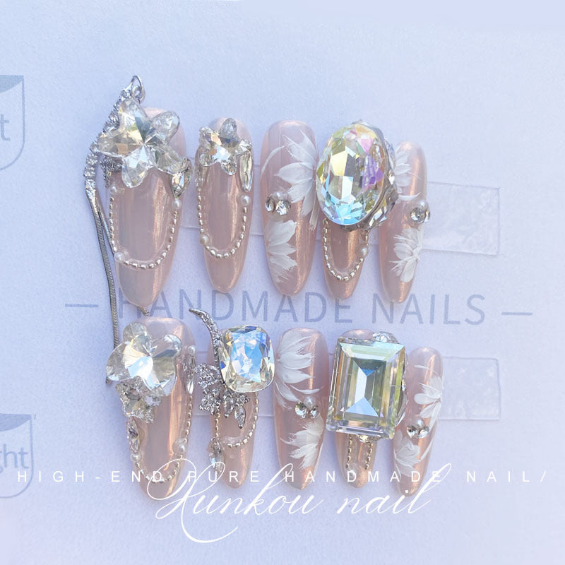 (Hand-Made Nail) Pure Hand-Wear Nail Polish Ice Transparent Nude Pink Flashing Flower Butterfly Blooming Detachable Heavy Hand-Painted