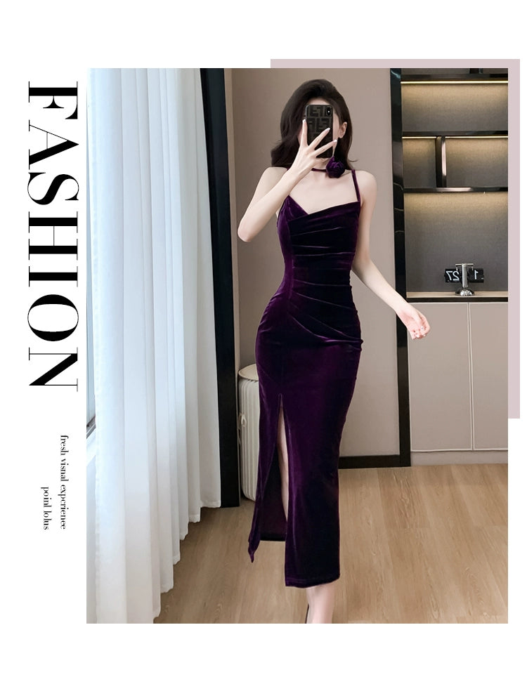 Fashion women's wear French Style Adult Lady like Woman Pleuche Spaghetti-Strap Dress Women's High-Grade Red Evening Dress 2024 Spring Women's Clothes Long Dress