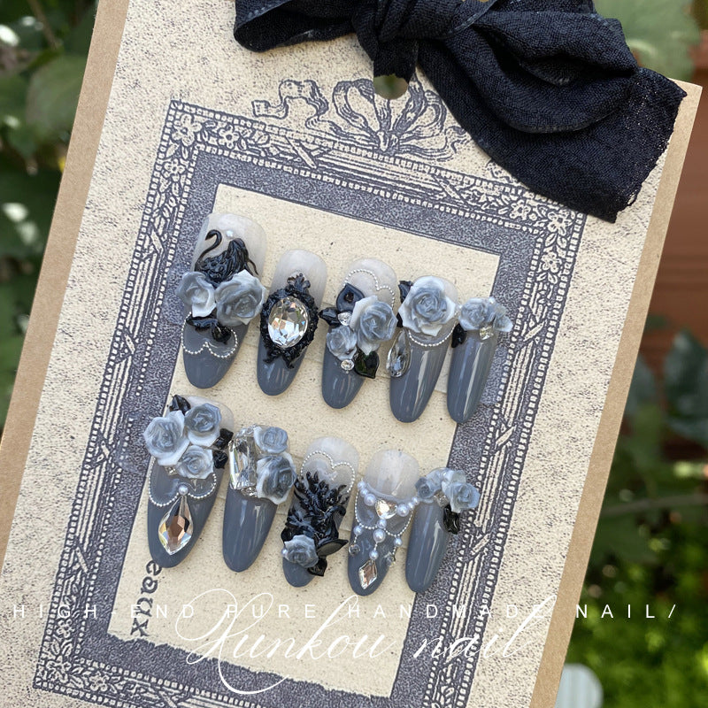 Hand-Made Nail Factory Straight Hair Manicure Black Swan Three-Dimensional Black Color with Carved Flower Rose Dark High Grade Gray