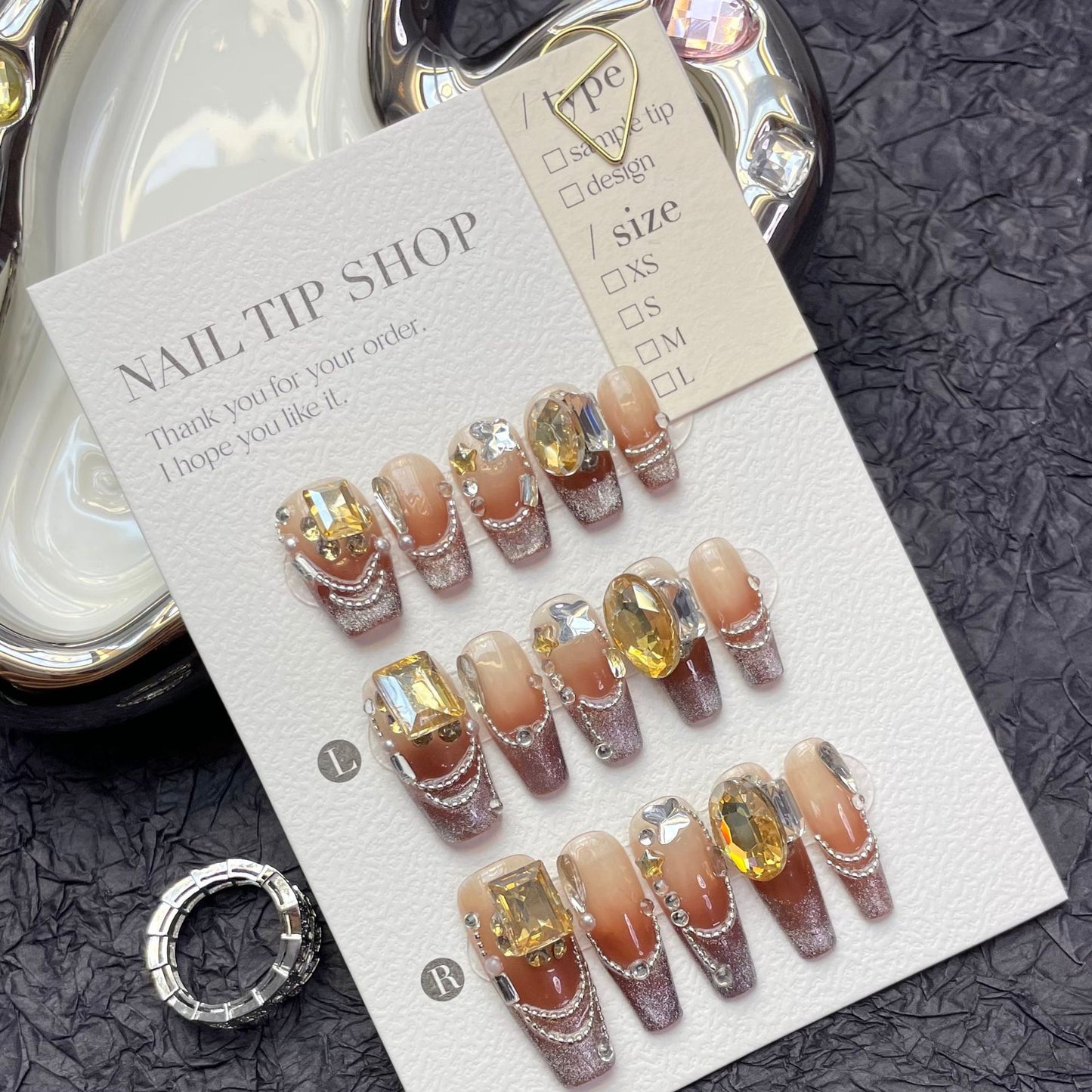 (Hand-Made Nail) Gorgeous and Rich Nail Beauty Rich Socialite European and American Long Ladder French Cat Eye Gradient Autumn Long Detachable Wear Nail