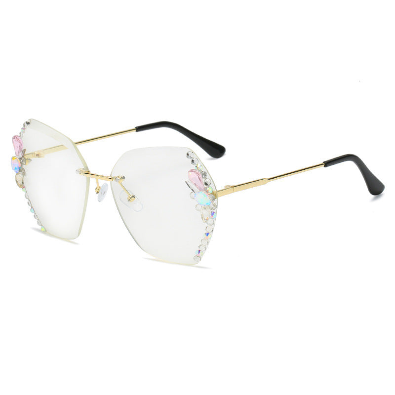 Women's fashion glasses 2024新跨境女士时尚镶钻墨镜大脸显瘦防紫外线水晶切边无框太阳镜