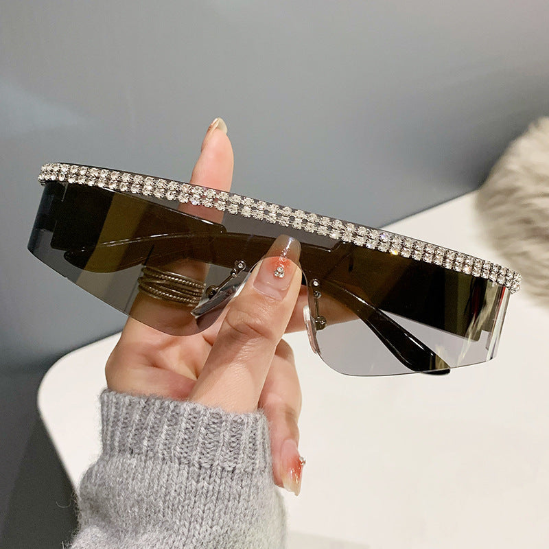 Women's fashion glasses 2023跨境爆款一体太阳镜 欧美个性镶钻连体骑行眼镜 嘻哈运动墨镜