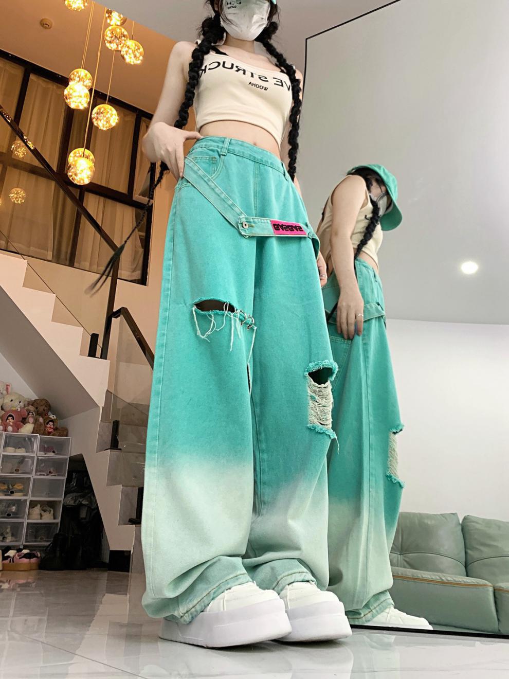 Dopamine pants Free shipping Tattoo Gradual change color ripped dopamine wear jeans women's summer new high waist thin loose meat wide leg pants tide
