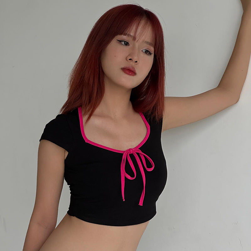Fashion women's wear Q23tp143 Trendy Sexy Sweet Hot Girl Skinny Short Design Contrast Color Wear Short Sleeve Top for Women Summer