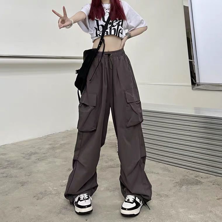 Fashion women's wear Overalls Women's 2024 Summer New American Parachute Pants High Waist Wide Leg Leisure Drawstring Sports Pants Fashion