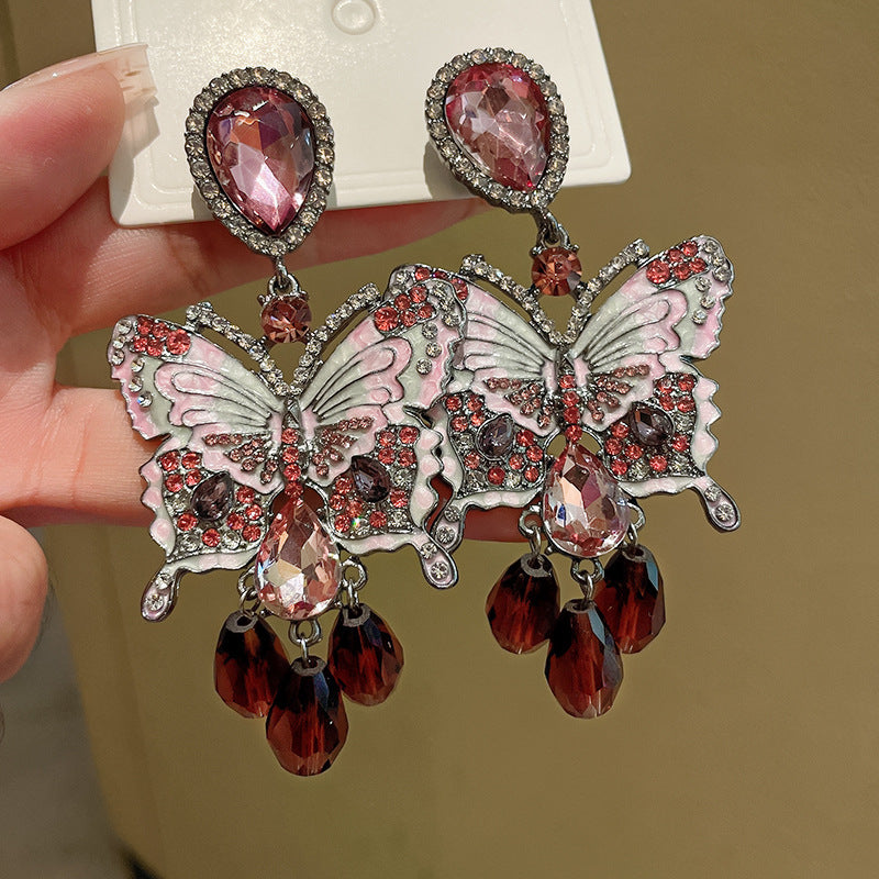 银针镶钻蝴蝶水晶耳环欧美复古轻奢耳钉小众夸张高级感耳饰批发女