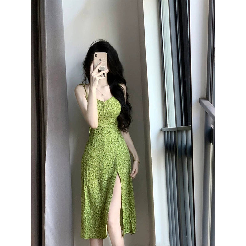 Fashion women's wear French Tea Break Floral Strap Dress Women's Spring and Summer Waist-Tight Temperament Pure Desire Seaside Holiday Split Long Skirt