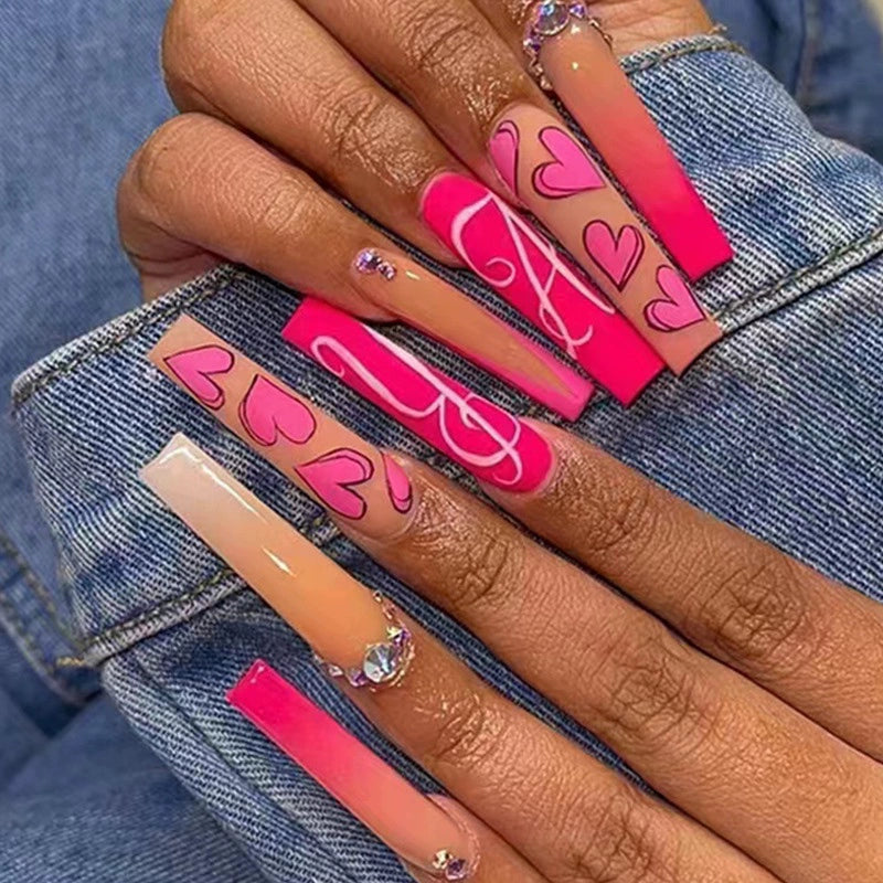 (Hand made nail) European and American Spicy Girl Super Long Instagram Dark Small Stand Retro Trapezoidal Shining Diamond Beauty False Nail Patch Detachable Wearable Nail