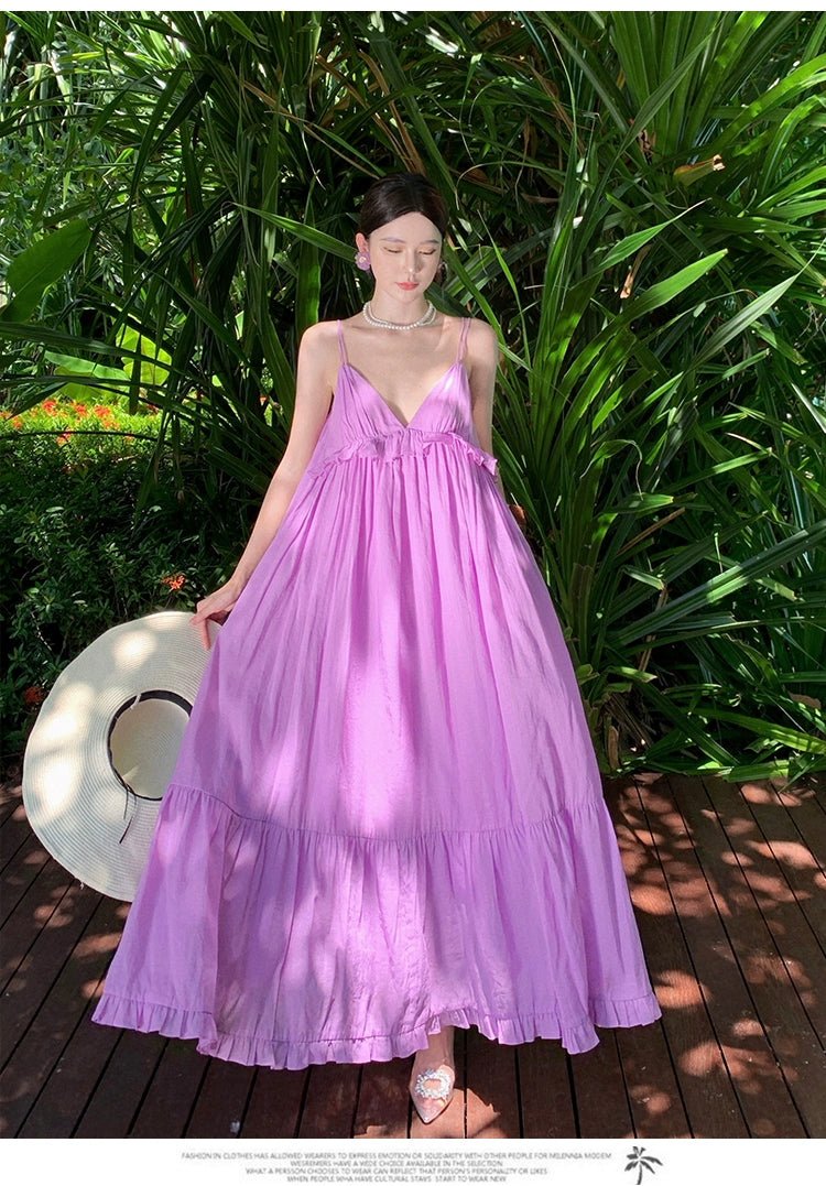 Fashion women's wear Fabric Romantic Lace Dress V-neck Comfortable Loose Vacation Suspender Dress Chic Beautiful Purple Dress