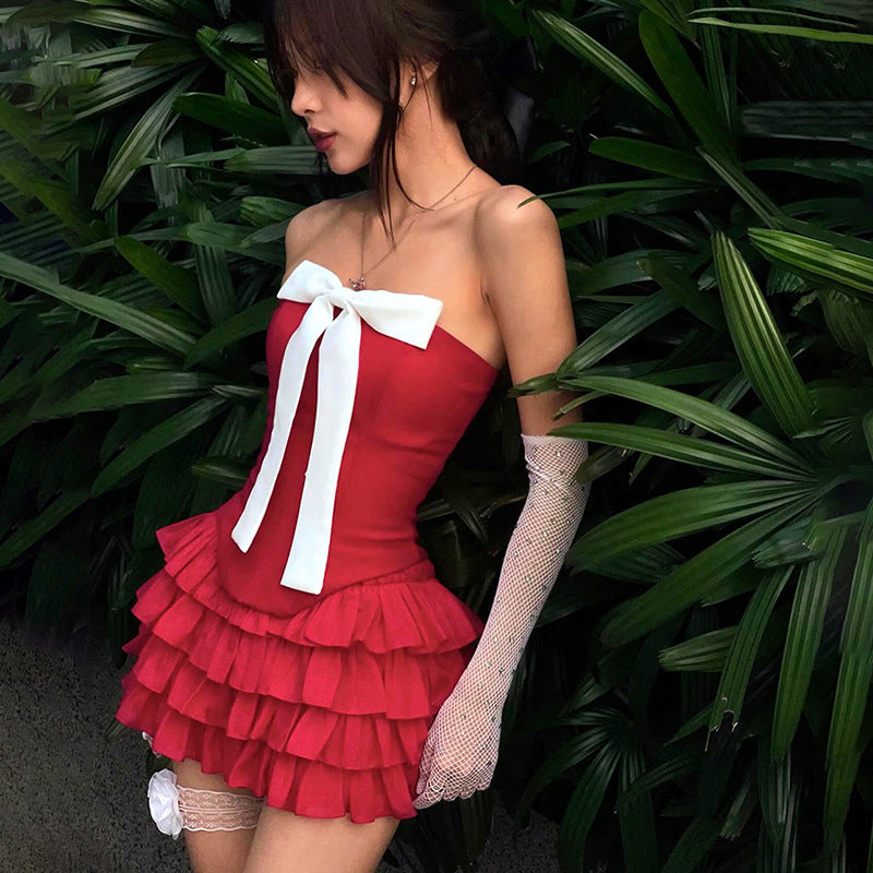 Fashion women's wear Q23tp722  Hot Girl Contrast Color Bow Three-Dimensional Decoration Fishbone Tube Top Women's All-Match Date New