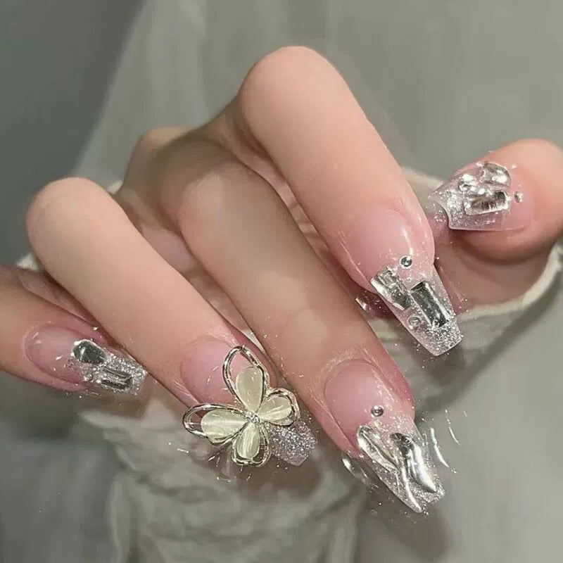 (Hand-made nail) French nail armor long black small fragrance simple white high-grade sense nail piece bride pregnant woman finished product.