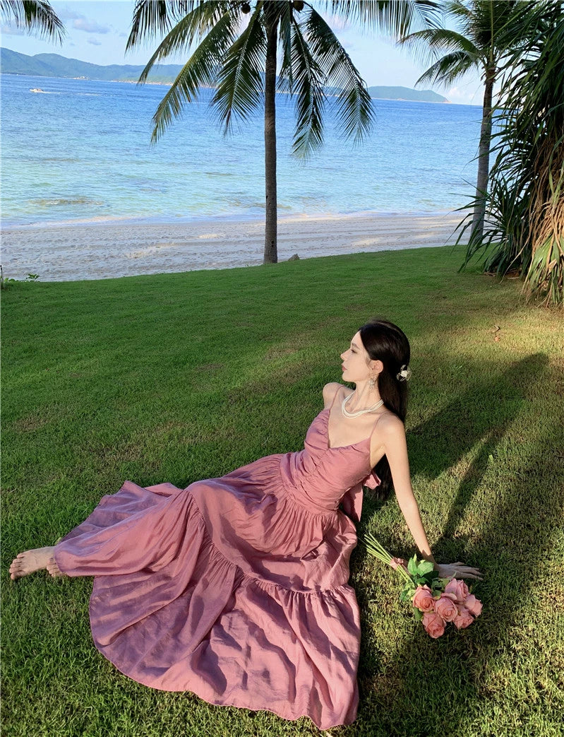 Fashion women's wear Beautiful Dopamine Special-Interest Design Lace-up Pleated Backless Vacation Style Sling Dress High-Grade Sense Temperament Long Dress