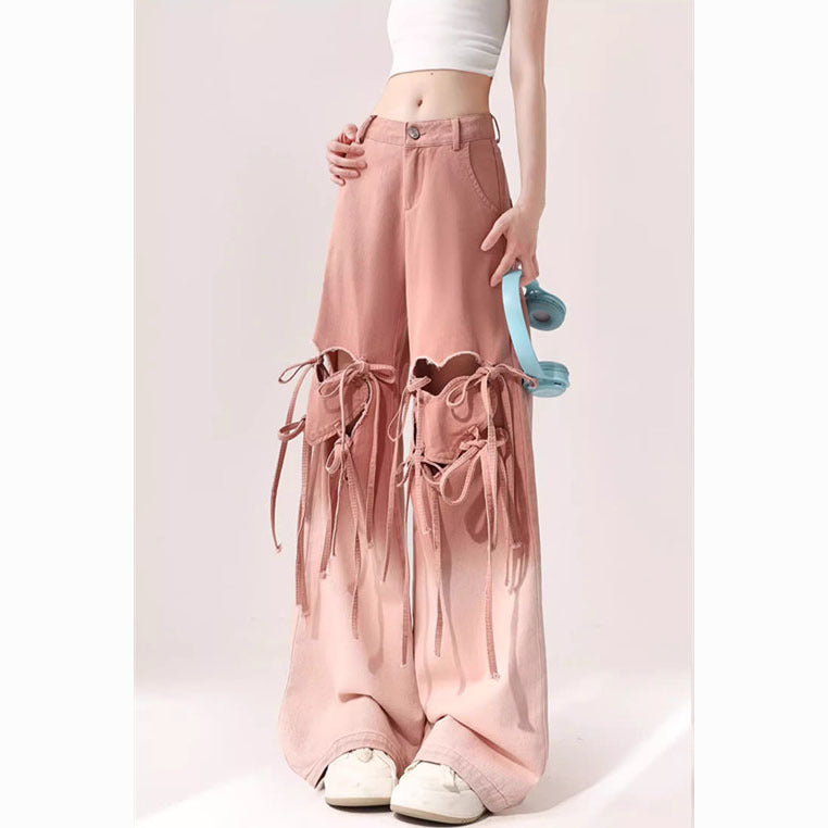 Dopamine pants Free shipping Tattoo Dopamine wears pink ripped jeans for women's summer thin new design loose and thin wide-leg pants