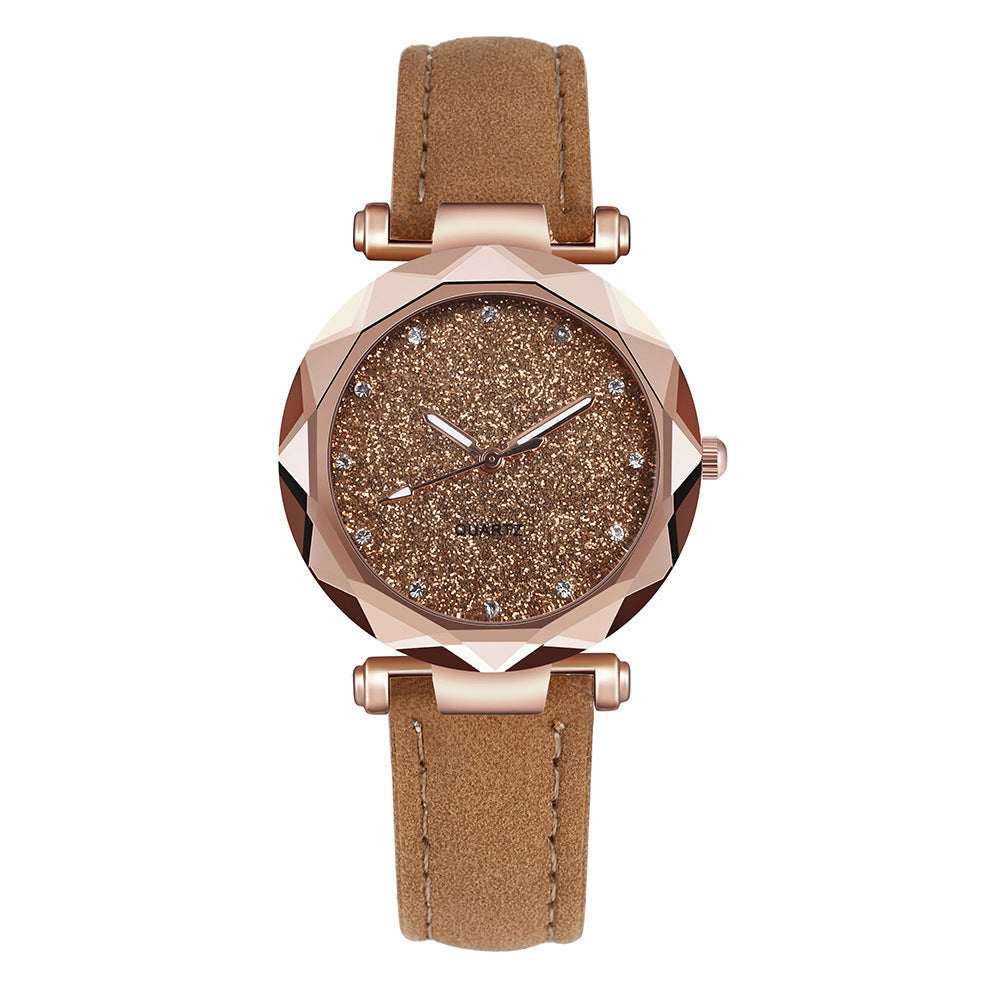 Fashion women's watchForeign Trade Popular Style Silver Pink Rhinestone Face Women's Watch Frosted Leather Watch Strap Women's Casual Trend Two-Piece Set Wrist Watch