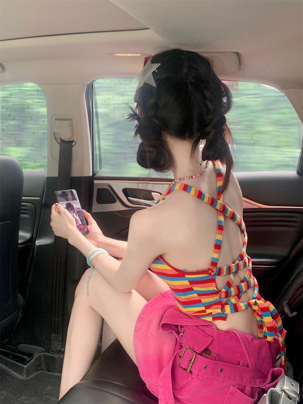 Dopamine tops Free shipping Tattoo Dopamine Sweet Babes Cross Strap Girls French Niche Suspender Vest Outside Sleeveless Striped Design Top