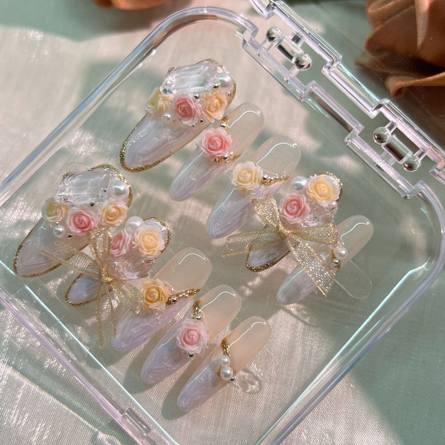 (Hand-Made Nail) Rose Manor Hand-Worn Nail Three-Dimensional Carved Heavy Industry Bridal Wedding Nail Xiaohongshu Nail Sticker Wear Nail Tip