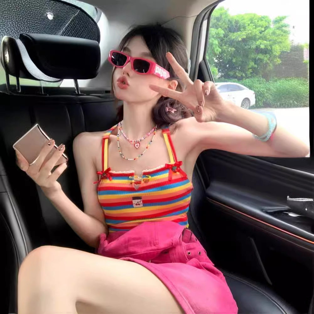 Dopamine tops Free shipping Tattoo Dopamine Sweet Babes Cross Strap Girls French Niche Suspender Vest Outside Sleeveless Striped Design Top