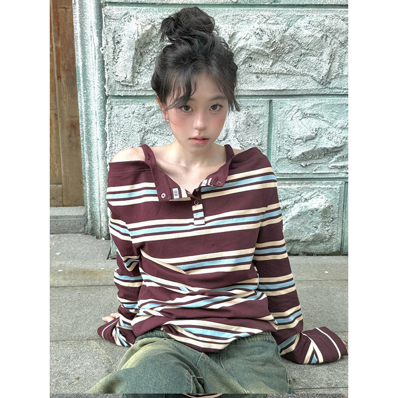 Dopamine tops Free shipping Tattoo The same striped fake two off-the-shoulder long-sleeved women's early autumn sweet and cool hot girls contrasting color T-shirt design sense niche repair body