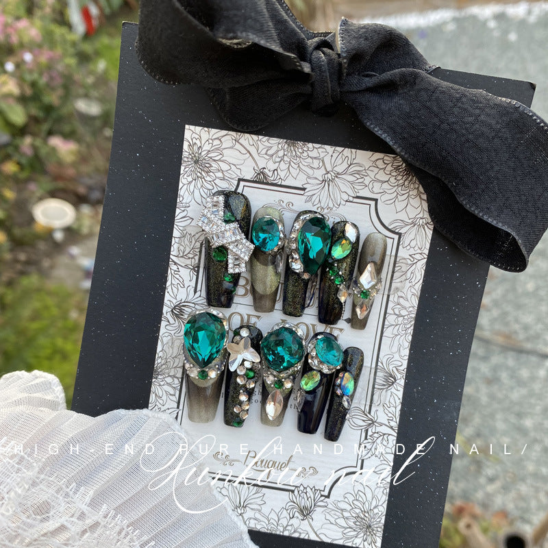 Hand-Made Nail Factory Straight Hair Green Cat Eye Flash Luxury Blue Smile Cat Eye Gradient Bow