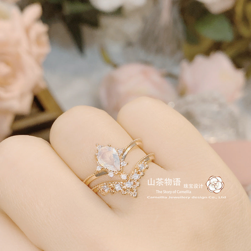 Camellia跨境经典两件套活口指环 镀金微镶月光石皇冠双层戒指女