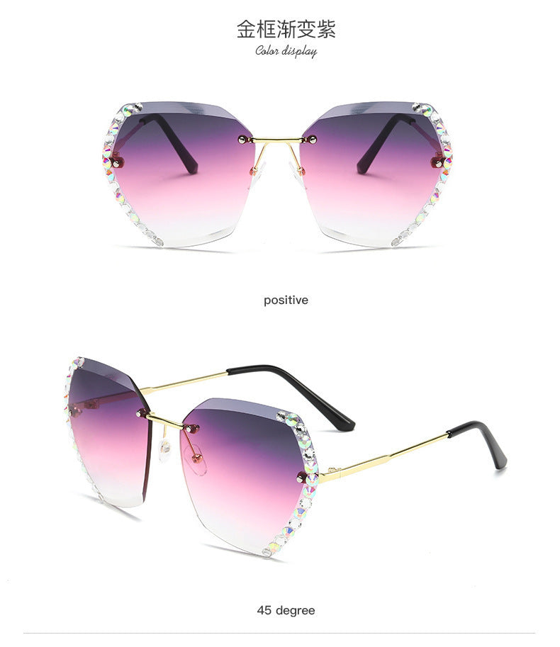 Women's fashion glasses 新款墨镜女韩版潮无框水晶切边太阳眼镜女士防紫外线镶钻太阳镜
