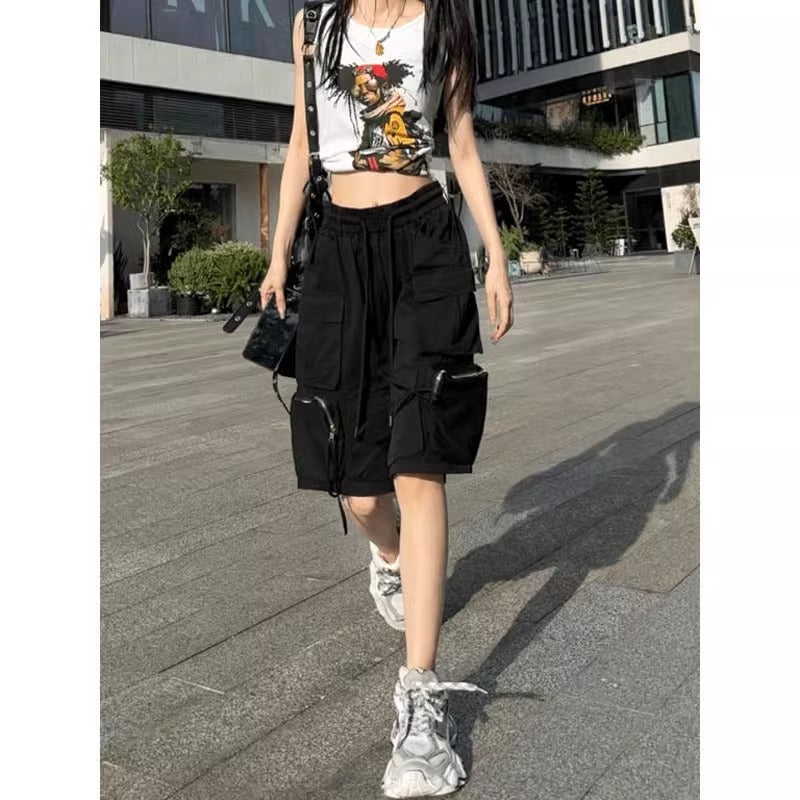 Dopamine pants Free shipping Tattoo Clearance tail goods~ Counter label cutting dopamine candy color tooling shorts women's summer high waist big pocket five-point pants