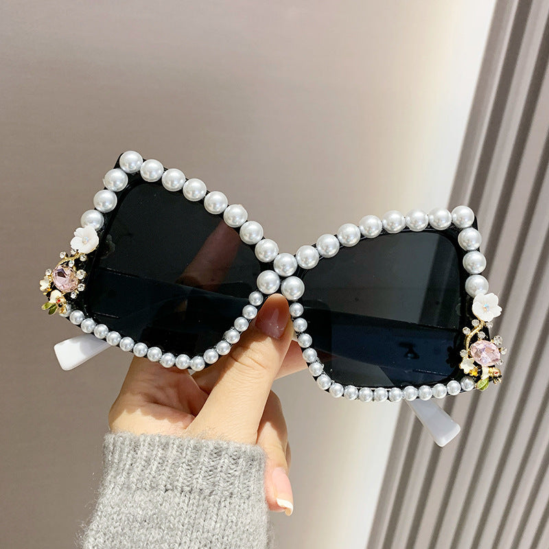 Women's fashion glasses 欧美镶钻眼镜时尚墨镜女跨境不规则镶珍珠太阳镜大框蝴蝶结墨镜