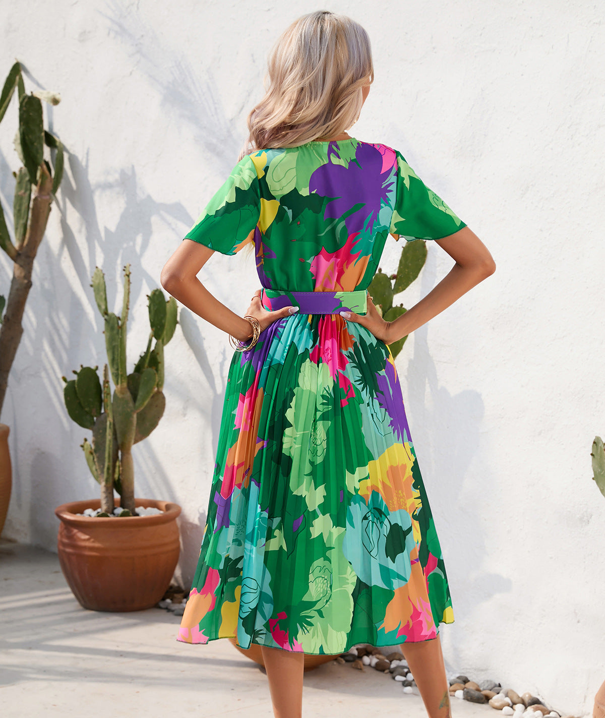 Fashion women's wear 2024  Women's Clothing   Cross-Border Summer Printing Crumpled Mid-Length Short Sleeve Dress