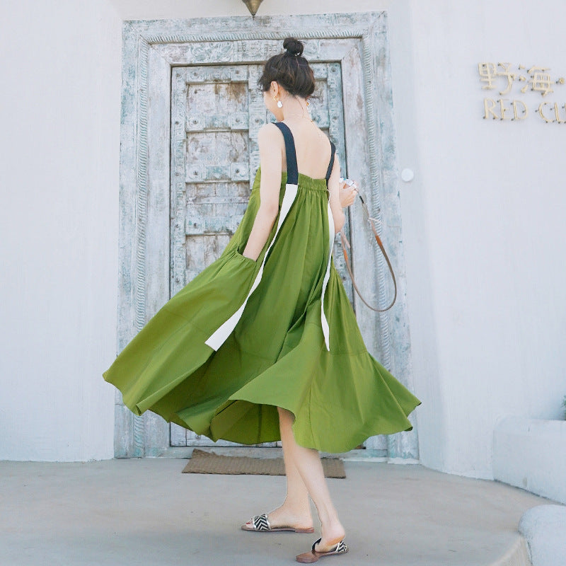 Fashion women's wear Real Shot Design Sense Niche Avocado Green Sling Dress Women's Summer Covering Belly Thin Sanya Vacation Style Dress