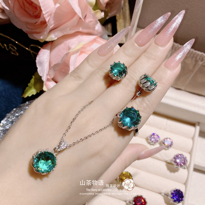 Camellia直播货源仿帕拉伊巴蓝绿套装女 镀pt950彩宝锆钻开口戒指