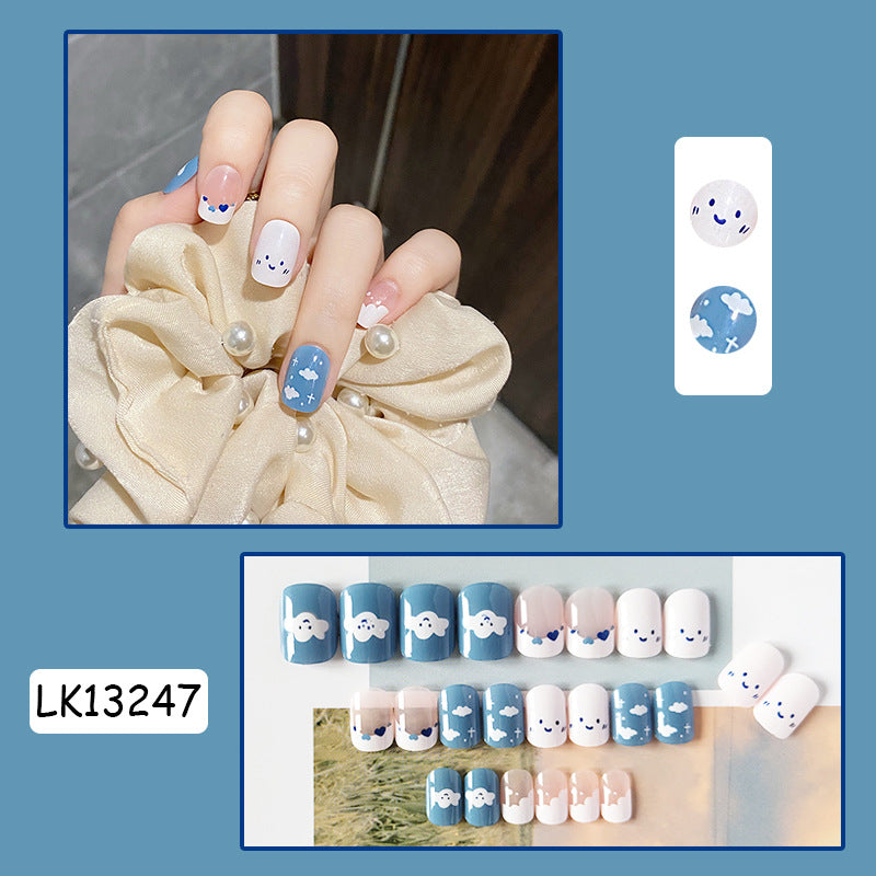 害羞云朵穿戴甲清新指甲贴片卡通美甲片蓝色假指甲美甲贴成品甲片